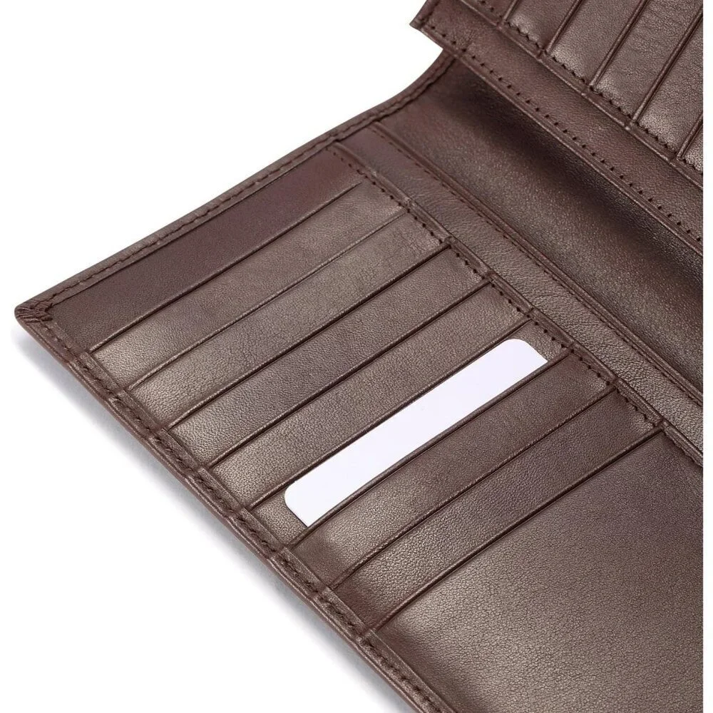 Men's Dark Coffee Full Grain Leather Long Bifold Wallet Credit Card Slots Style